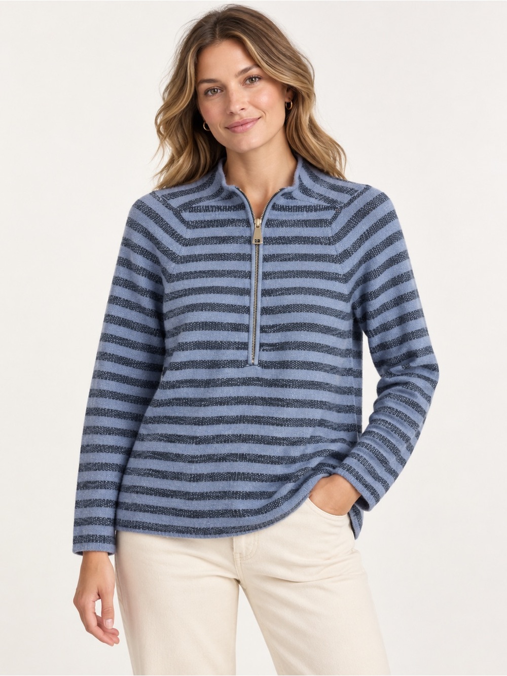 Soft Surroundings Womens Large Blue Gray Striped Half Zip Sweater Pullover Knit